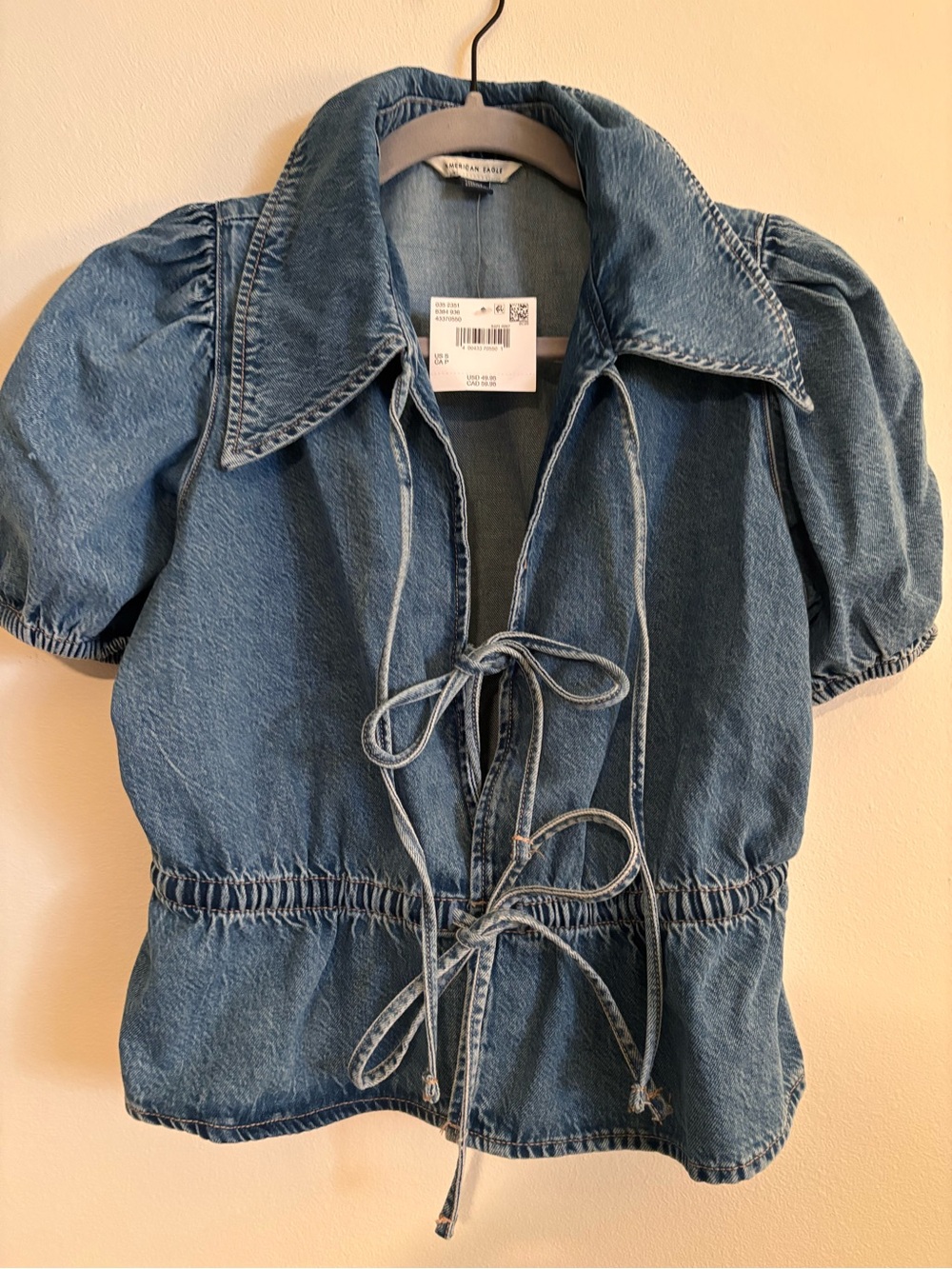American Eagle Outfitters Light Blue Tie-Front Puff Sleeve Denim Jacket